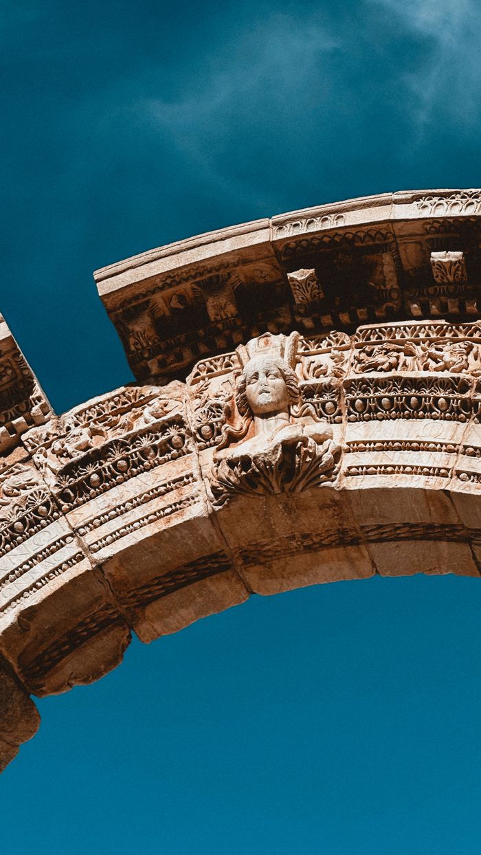 Close-up of ancient arch detail at Temple of Hadrian, Ephesus, Türkiye.